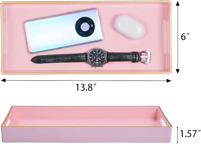 MAONAME Pink Vanity Tray Set of 2, Rectange Toilet Tank Trays with Handles