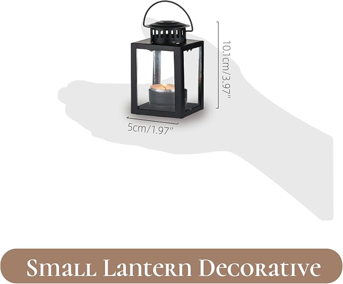 Small Black Lantern Decorative Outdoor, Set of 4 Candle Holder | Mini Hanging Lantern with Tealights & Glass, Farmhouse Indoor Decor, for Table Centerpiece, Fireplace, Wedding, Christmas