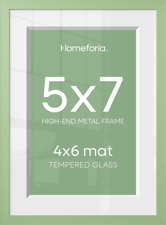 Homeforia 5x7 Green Picture Frame, High-End Metal, 4x6 Mat, Glass