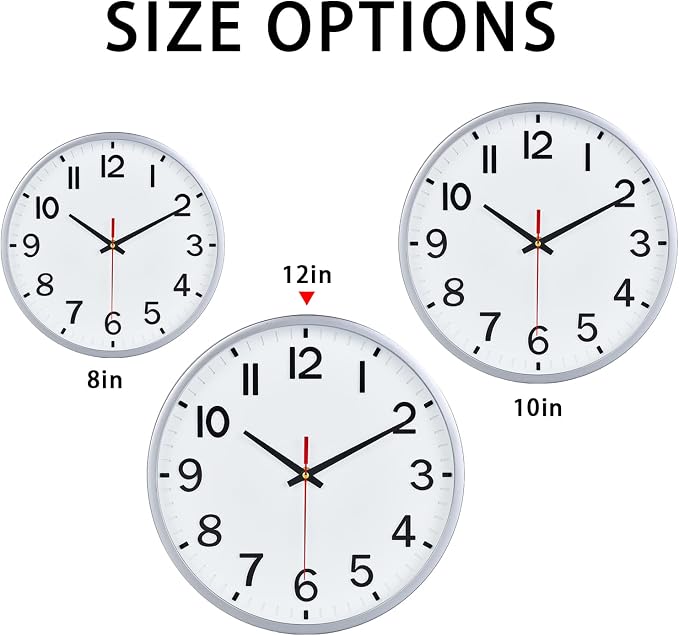 Wall Clocks Battery Operated 12 inch Modern Wall Clock,Silent Non Ticking Wall Clock for Living Room Bedroom Kitchen Office Classroom Decor (Silver and White)
