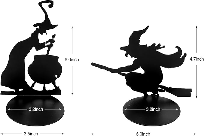 2 Set Halloween Candle Holder Spooky Witch with Cauldron Broom Black Candlestick Pedestal All Hallows Eve Table Centerpiece Table Decor