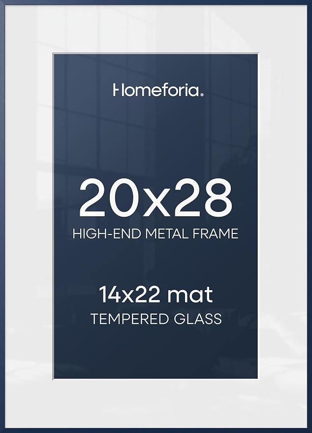 Homeforia 20x28 Blue Picture Frame, High-End Metal, 14x22 Mat, Glass
