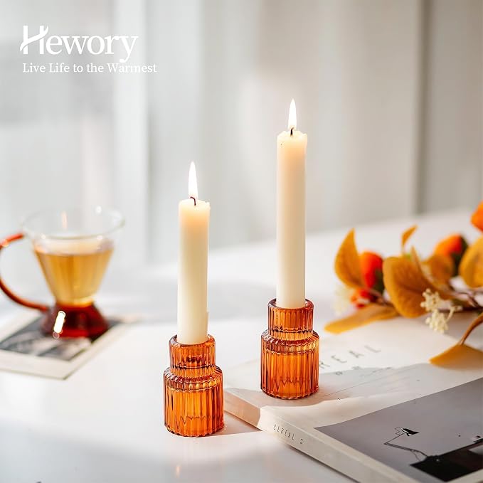 Hewory Glass Candlestick Holders Bulk, 10PCS Amber Taper Candle Holders | For 0.86" Taper Candles, Ribbed, Vintage Candle Sticks Holder Decor, Wedding Table Centerpiece Fall Thanksgiving Home Decor