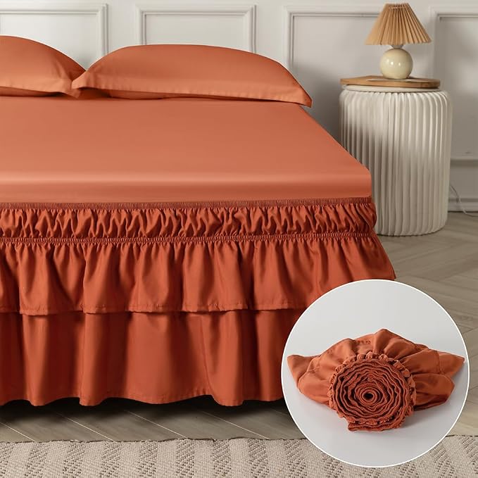 Double-Layered Ruffled Bed Skirt,Orange Red,King/Cal King, 14" Drop | Wrap Around, Adjustable Elastic, 2 Layer, Machine Washable Soft Fabric, Multi Ruffle Bedskirt