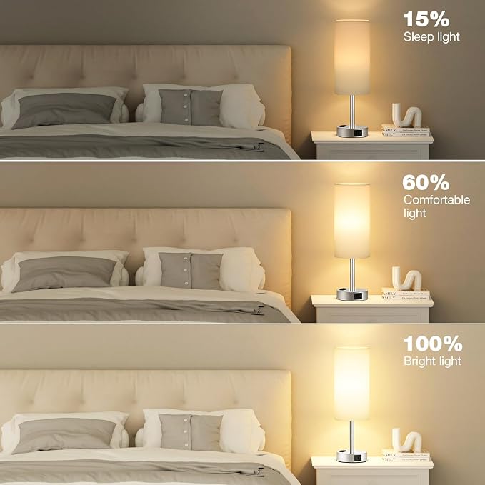 Fenmzee White Bedside Lamp for Bedroom, Dimmable Touch, USB A+C, AC Outlet