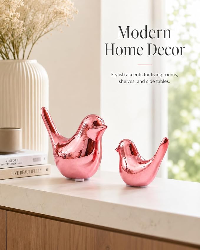 Small Pink Ceramic Birds,2 Pack Handcrafted Decorative Figurines for Home, Office, Desk, Shelf, Tabletop, Living Room, Bedroom, Coffee Table Décor, Gift for Housewarming and Holidays
