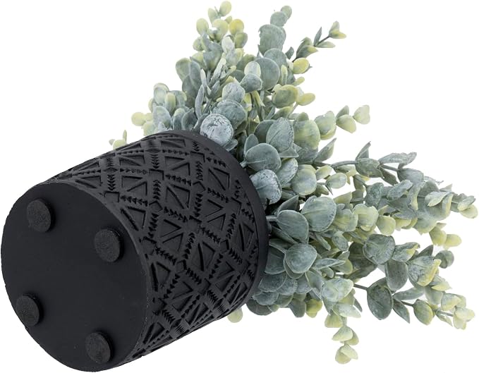 MyGift Artificial Eucalyptus Plant Black Concrete Pot Geometric, Set of 2