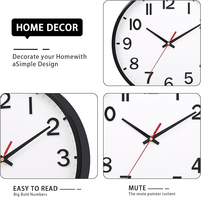 Wall Clocks Battery Operated 10 inch Modern Wall Clock,Silent Non Ticking Wall Clock for Living Room Bedroom Kitchen Office Classroom Decor (White and Black)