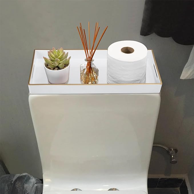 MAONAME White Bathroom Tray, Rectangular Toilet Tank Trays with Handles