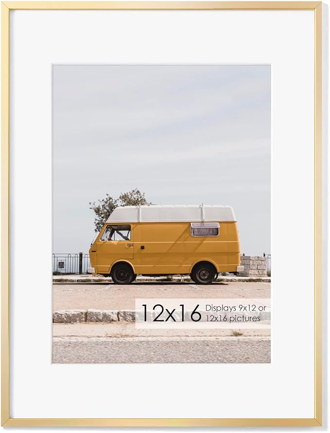 Fun Memories 12x16 Metal Picture Frame - Aluminum With Shatter-Resistant Glass - Displays 9x12 Photos With Mat or 12x16 Images Without Mat - Ideal for Home or Office Decor - Set of 1 - Gold