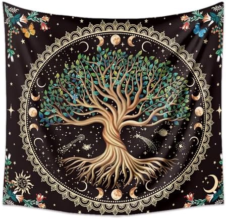 Moon Phase Tree of Life Tapestry Nature Flower Plant Butterfly Tapestries Boho Mandala Spiritual Tapestry Aesthetic Wall Hanging for Home Decor Bedroom Living Room Dorm Decor (35.44" x 47.25", Blue)