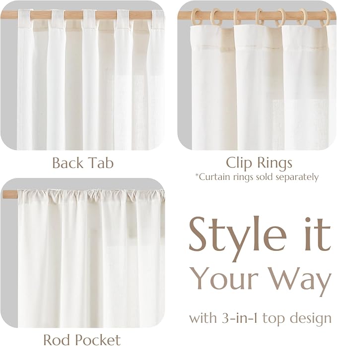 jinchan Linen Curtains Light Filtering Back Tab 100x90 Inch 1 Panel White | Semi Sheer Curtains 90 inch length for Bedroom Living Room, Modern Farmhouse Drapes with Rod Pocket, Natural Boho Curtains