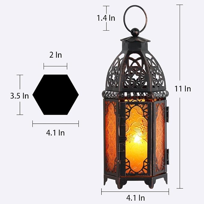 Ramadan Lanterns Decorative Indoor & Outdoor, 11’’ Medium Size Vintage Metal Hanging&Tabletop Candle Holder Decor, Halloween Christmas Moroccan Decorations for Home Porch Patio (Amber)