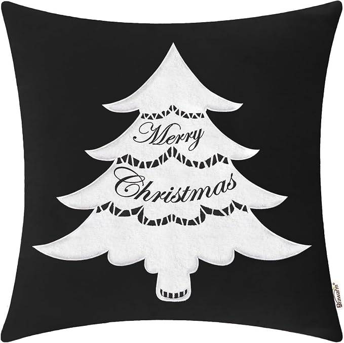 BRAWARM Christmas Pillow Cover 18 X 18 Inches, Black Christmas Tree Embroidered Pillow Cover, Soft Velvet Decorative Throw Pillow for Couch Bed Sofa Living Room Home