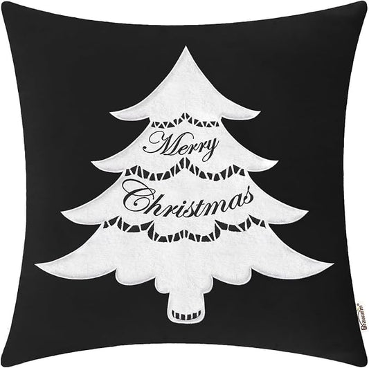 BRAWARM Christmas Pillow Cover 20 X 20 Inches, Black Christmas Tree Embroidered Pillow Cover, Soft Velvet Decorative Throw Pillow for Couch Bed Sofa Living Room Home