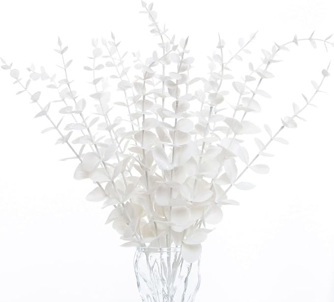 18pcs White Eucalyptus Stems Greenery Stems Fake Leaves Artificial Flowers Bouquet Faux Branches Centerpiece Flores Plants for Home Party Decor Wedding Decoration