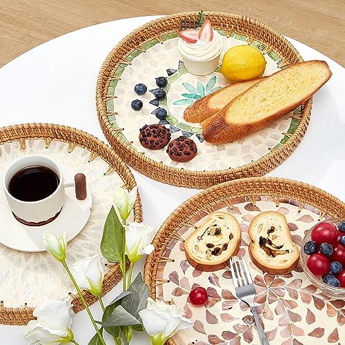 Kmelep Round Rattan Tray with Mother of Pearl Inlay, Rattan Serving Tray with Wooden Base, Decorative Wicker Basket for Table Decor, Storage and Display of Coffee Bread Food Fruit (Bohemia)