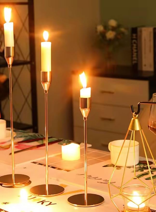 Aha Essential - Taper Candlestick Holders Set of 6 | Decorative Candlestick Holders for Home Decor, Wedding, Dinning, Parties, Anniversary, Bathroom - Candle Holders for Centerpiece (Champane Gold)