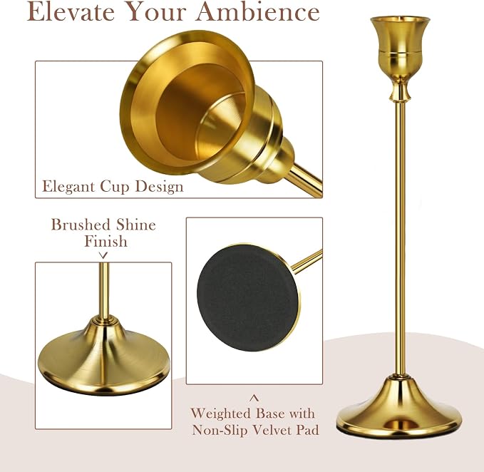 Gold Candlestick Holders Set of 6 Weighted Stable Base | Metal Taper Candle Holders in Brass, Vintage Modern Decorative Centerpiece for Weddings, Dining, Parties, Anniversary