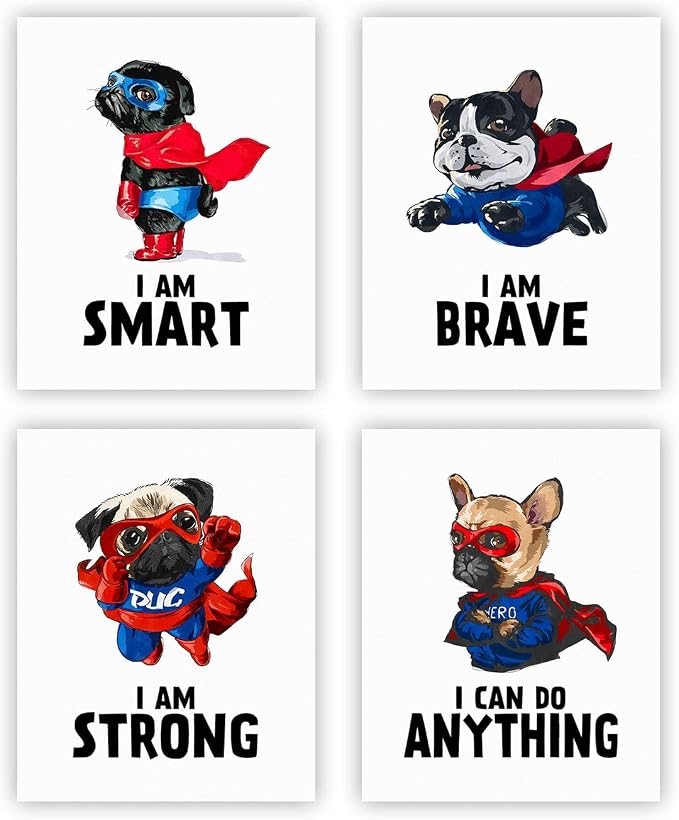 heilkee Funny Dog Wall Art Prints Inspirational Quote Posters for Kids Super Hero Room Decor for Boys Room Nursery Bedroom Pictures Set of 4(UNFRAMED 8x10in)