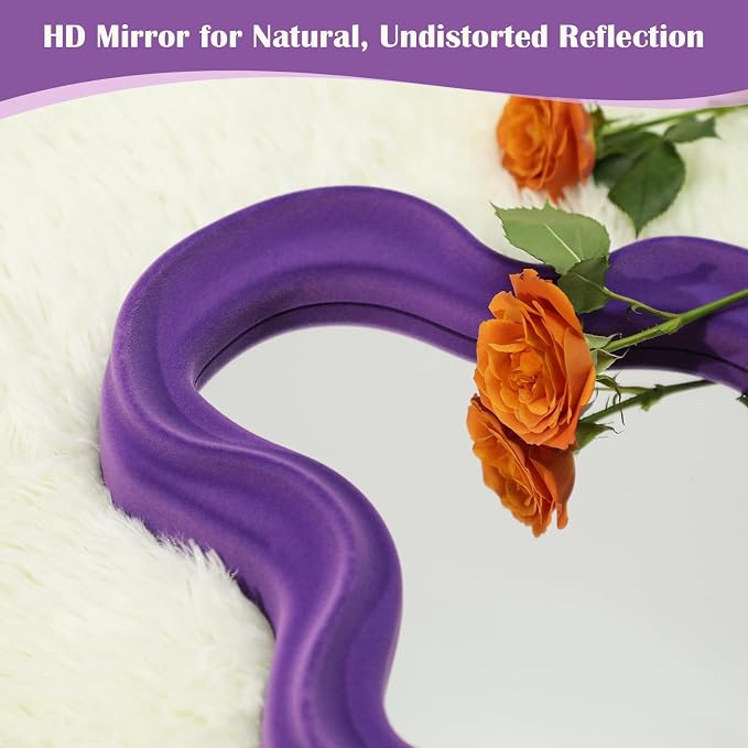 Purple Wavy Cloud Wall Mirror for Girly Bedroom Dorm Vanity Decor | 16x10",Soft Velvet-like Touch,Funky Decorative Mirrors for Modern Vintage Home Office Living Room Housewarming Birthday Gift