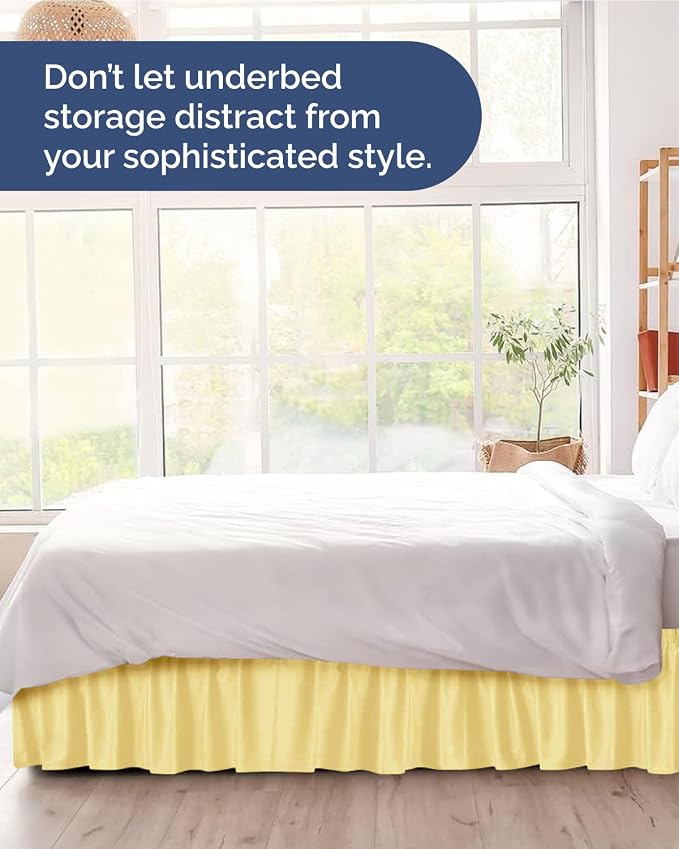 Wrap Around Dust Ruffle Bed Skirt, Queen Size Beds - 24 Inch Drop, Yellow | Easy Fit Elastic Strap, Adjustable Pleated Bedskirt w/Brushed Fabric, Wrinkle & Fade Free, for Women, Men, Kids & Teens