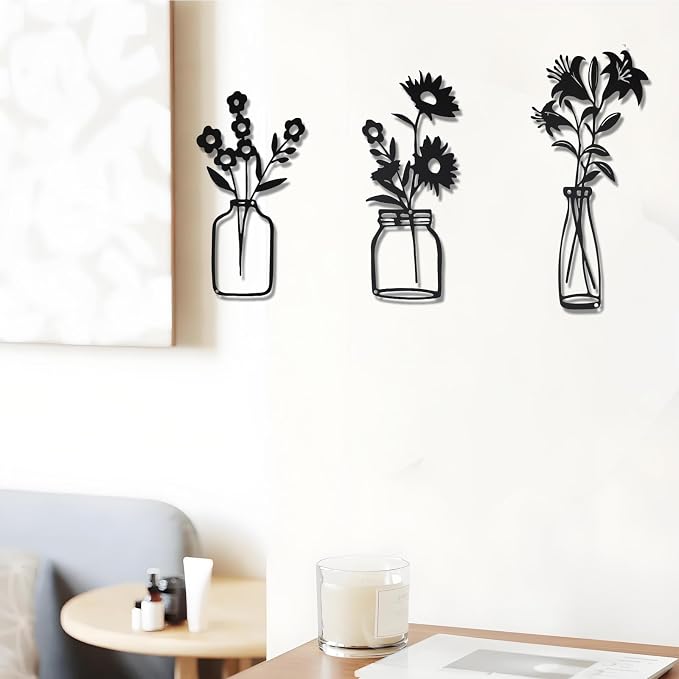 QZGXDECO Black Metal Flower Wall Decor,Metal Vase Wall Art,Minimalist Floral Wall Sculptures,Hanging Decor for Kitchen Dining Room Living Room Bathroom Bedroom(11.5'' X 3PCS)