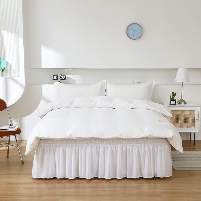 MEILA Wrap Around Elastic Bed Skirt for Twin & Full Beds, 24" Drop, White | Three-Side Adjustable Elastic Dust Ruffle, Ruffled Polyester Fabric, Easy to Install, Fade Resistant & Machine Washable