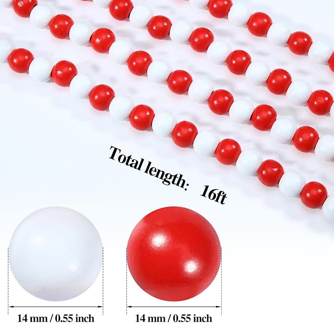 Hicarer 16 Feet Christmas Wood Bead Garland Candy Cane,Mixed Red and White