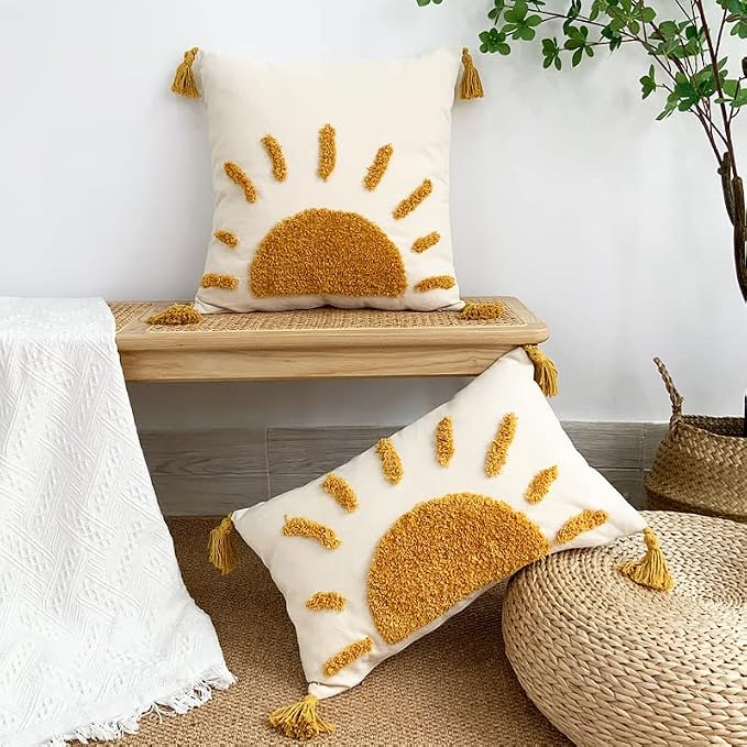 Zealax Decorative Boho Throw Pillow Cover 18x18 Inch for Couch Living Room Outdoor, Sun Tufted Pillow Covers with Tassels Cushion Case, Rustic Modern Farmhouse Home Decor (No Pillow Insert, 1Pc)