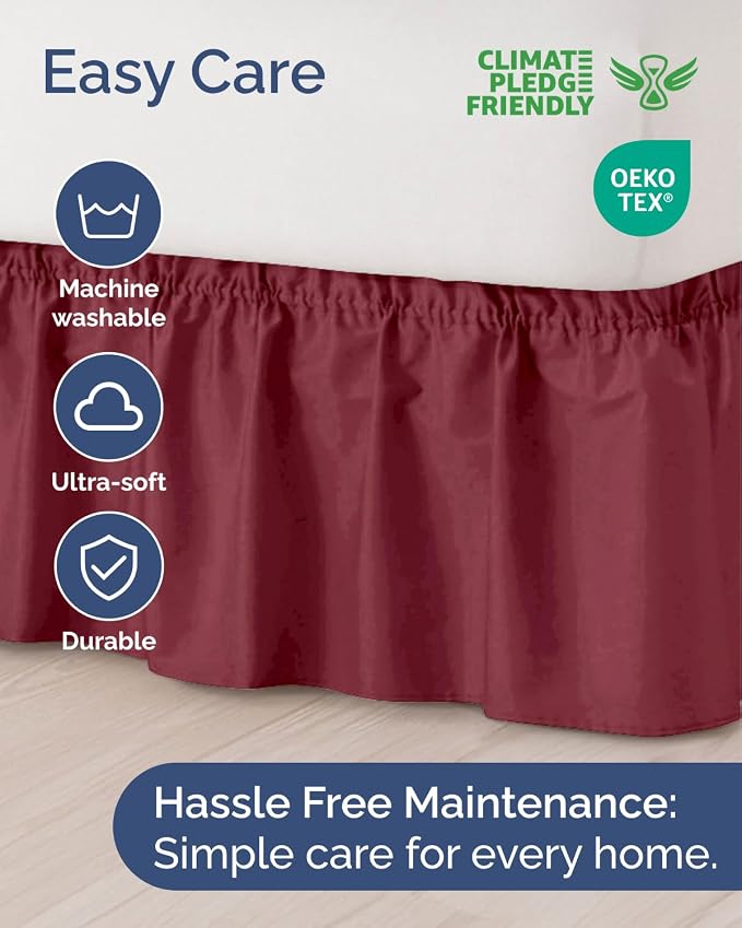 Wrap Around Dust Ruffle Bed Skirt, Full Size Beds - 21 Inch Drop, Burgundy | Easy Fit Elastic Strap, Adjustable Pleated Bedskirt w/Brushed Fabric, Wrinkle & Fade Free, for Women, Men, Kids & Teens