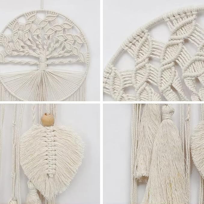 Tree of Life Macrame Wall Hanging Boho Dream Catcher Tapestry, Handmade Woven Wall Art for Bedroom Living Room Hallway Symbol of Growth Harmony Positive Energy Gift for Women - White