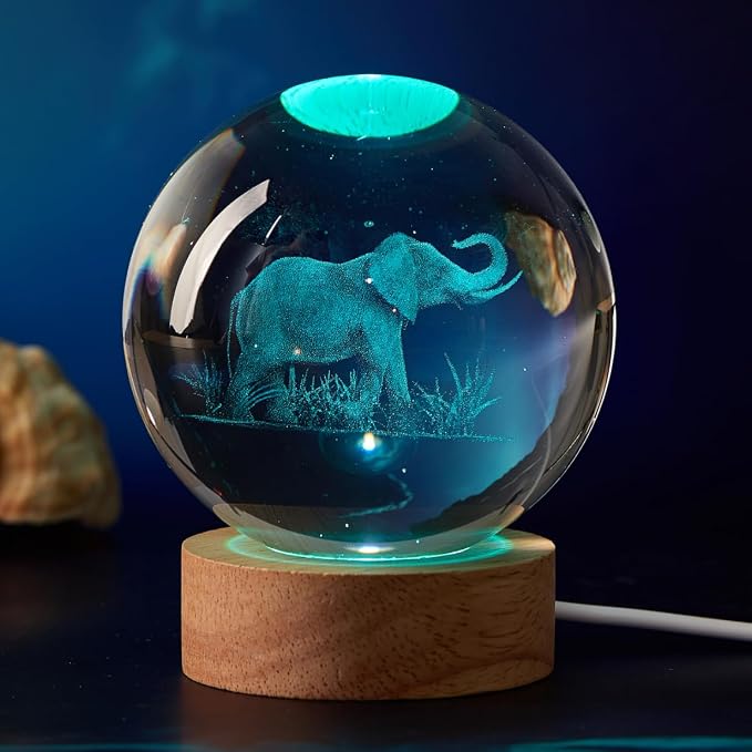 3D Elephant Crystal Ball Lamp, Upgraded 3.15 Inch Elephant Crystal Ball Night Light with 16 Colors LED Wooden Base, Remote Control, Gift Box Packaging, Home Decor Gift for Friends (Elephant)