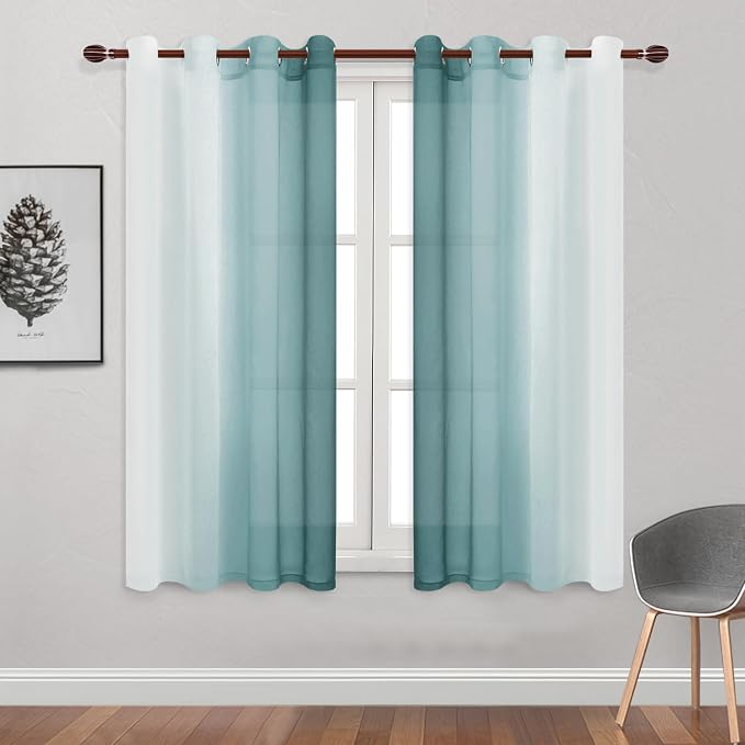 DWCN Faux Linen Ombre Sheer Curtains - 63 inches Long Gradient Semi Voile Curtains for Bedroom and Living Room, Set of 2 Grommet Top Window Curtain Panels, W52 x L63 Inches, Peacock Blue