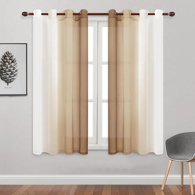 DWCN Taupe Faux Linen Ombre Sheer Curtains - Gradient Semi Voile Curtains for Bedroom and Living Room, Set of 2 Grommet Top Window Curtain Panels, 52 x 72 Inches Long, Taupe