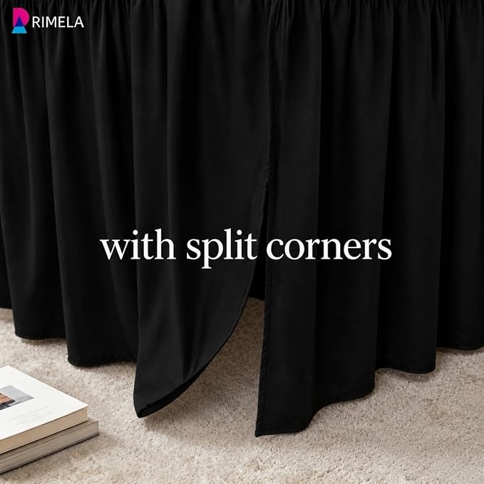Dorm Room Bed Skirt Twin XL 46" Drop, College Split Corner Bedskirt, Black | Solid ruffled, Wrap-around/elastic, Wrinkle & Fade resistant, with Adhesive Strips, Gift Packed, Machine Wash/Tumble Dry/Iron