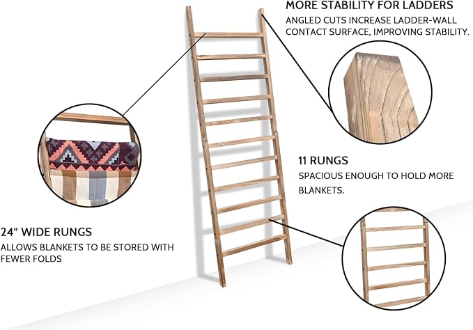 FUIN Blanket Ladder, 24 in Wide 11-Rung Wood Rustic Decor Rack | 11 rungs and 24in wide, Solid wood visible grain, Angled lean-to design, Anti-slip support, Living room and bathroom use