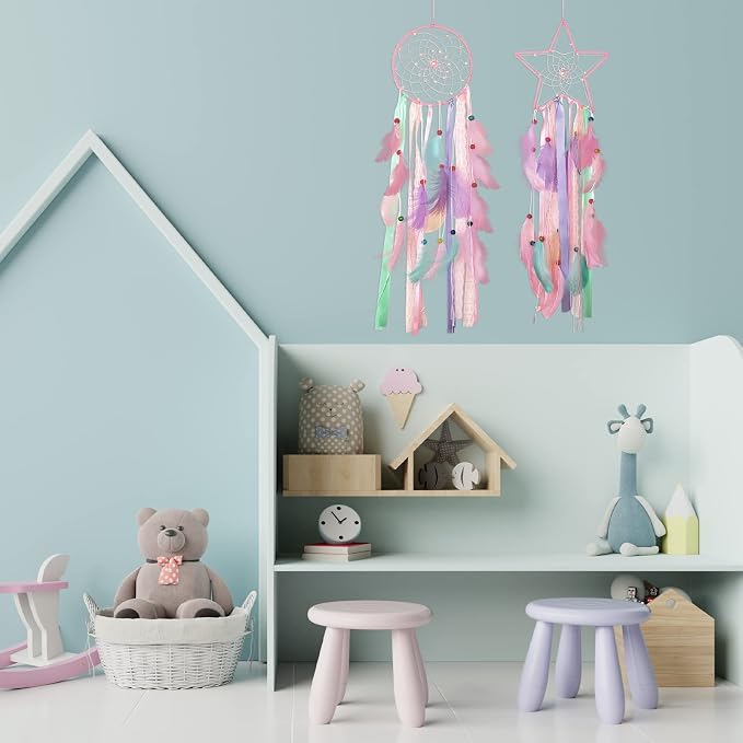 Jetec 3 Pcs Dream Catcher for Girl Star Sun Moon Decor, Pastel Color