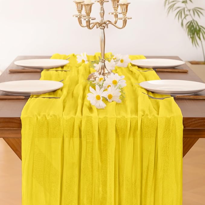 Cheesecloth Table Runner Fall Boho Wedding Birthday Party Home Decor | Yellow 10pcs Rustic Gauze 10FT Cheese Cloth Sheer Farmhouse Dining Runner for Baby Shower Bridal Holiday Decorations