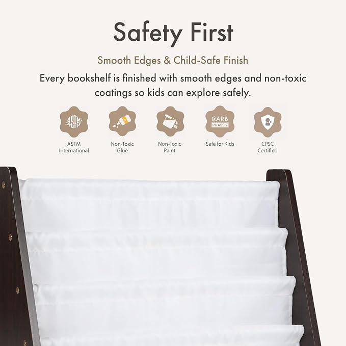Humble Crew Kids Bookshelf, Montessori Front Facing Toddler Bookcase 4 Tier | Book display rack and reading nook organizer, nylon pockets show covers face out, compact for any playroom or bedroom space