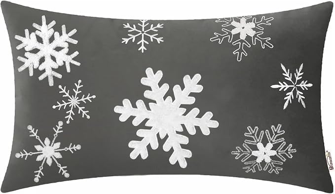 BRAWARM Christmas Pillow Cover 12 X 20 Inches, Gray Snowflake Embroidered Lumbar Pillow Cover, Soft Velvet Decorative Throw Pillow for Couch Bed Sofa Living Room Home