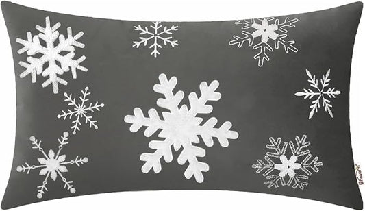 BRAWARM Christmas Pillow Cover 12 X 20 Inches, Gray Snowflake Embroidered Lumbar Pillow Cover, Soft Velvet Decorative Throw Pillow for Couch Bed Sofa Living Room Home