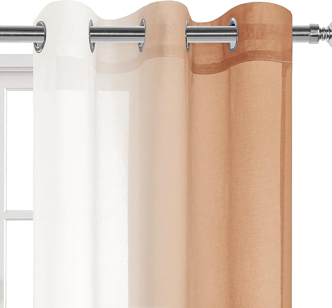 DWCN Ombre Short Sheer Curtains - Faux Linen Semi Voile Gradient Light-Filtering Bedroom and Living Room Curtains, Set of 2 Grommet Top Window Drape Panels, 42 x 45 Inch Length, Burnt Ochre