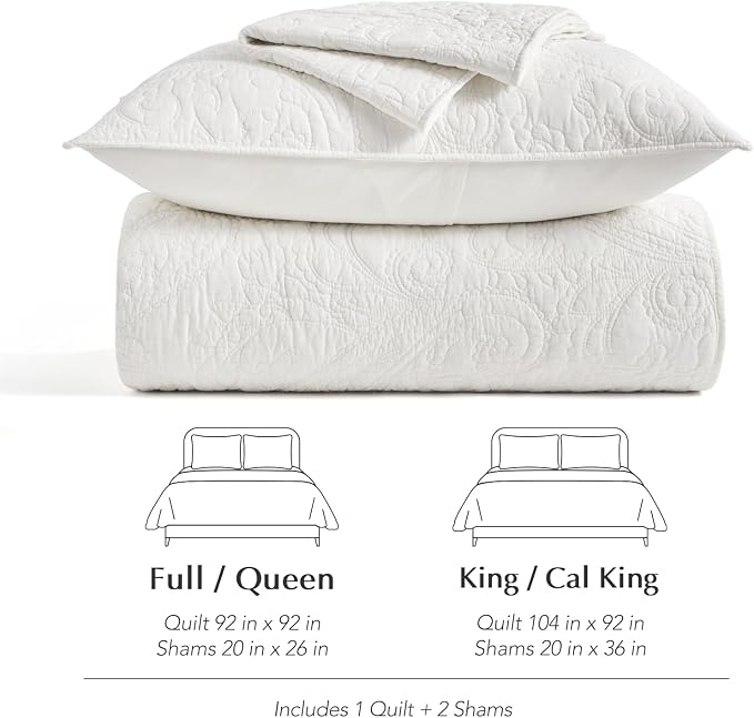 EVERGRACEHOME 100% Cotton Paisley Quilt Set, Queen Size, Bright White | Prewashed for Softness, Year-Round Breathability, Gift-Ready Box, Matelasse-style Quilted Coverlet, 3 Piece Set with 2 Shams