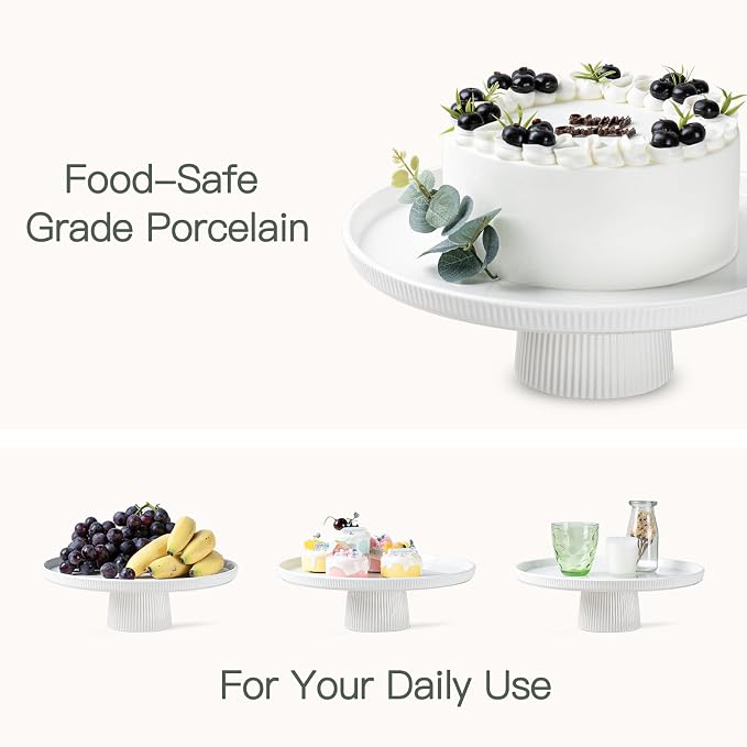 10 Inch Ceramic Cake Stand - Elegant White Pedestal Cake Plate with Non-Slip Base for Wedding, Birthday, Baby Shower, Cupcake and Dessert Table Display, Food-Safe Round Cake Platter