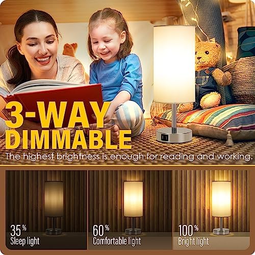 Yarra-Decor Bedside Lamps with USB Port - Touch Control Table Lamp for Bedroom 3 Way Dimmable Nightstand Lamp Set of 2 with Round White Fabric Shade for Living Room, Dorm, Home Office (White, 2 Pack)