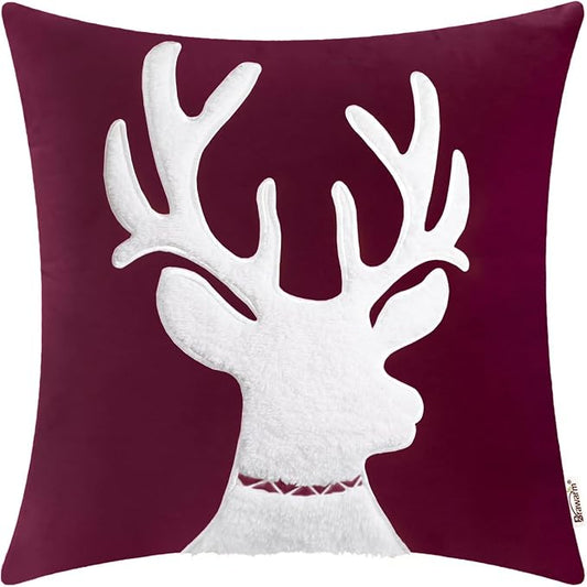 BRAWARM Christmas Pillow Cover 20 X 20 Inches, Burgundy Reindeer Embroidered Pillow Cover, Soft Velvet Decorative Throw Pillow for Couch Bed Sofa Living Room Home