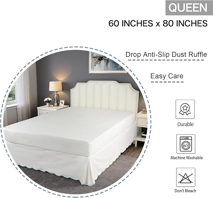 HIG Chic 12'' Queen BedSkirts Scallop Edge Pleated Dust Ruffle | Easy Fit, Anti-Slip, Thick Fabric for Enhanced Privacy, Pre-Washed for Long-Lasting Use, Off White/Aqua