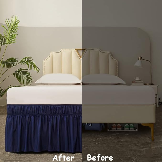 MEILA Wrap Around Elastic Bed Skirt for Twin & Full Beds, 24" Drop, Navy | Three-Side Adjustable Elastic Dust Ruffle, Ruffled Polyester Fabric, Easy to Install, Fade Resistant & Machine Washable