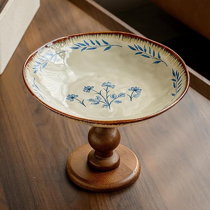 Vintage Ceramic Cake Stand with Wooden Base, Blue Floral Pattern, Decorative Serving Pedestal Plate for Desserts and Display